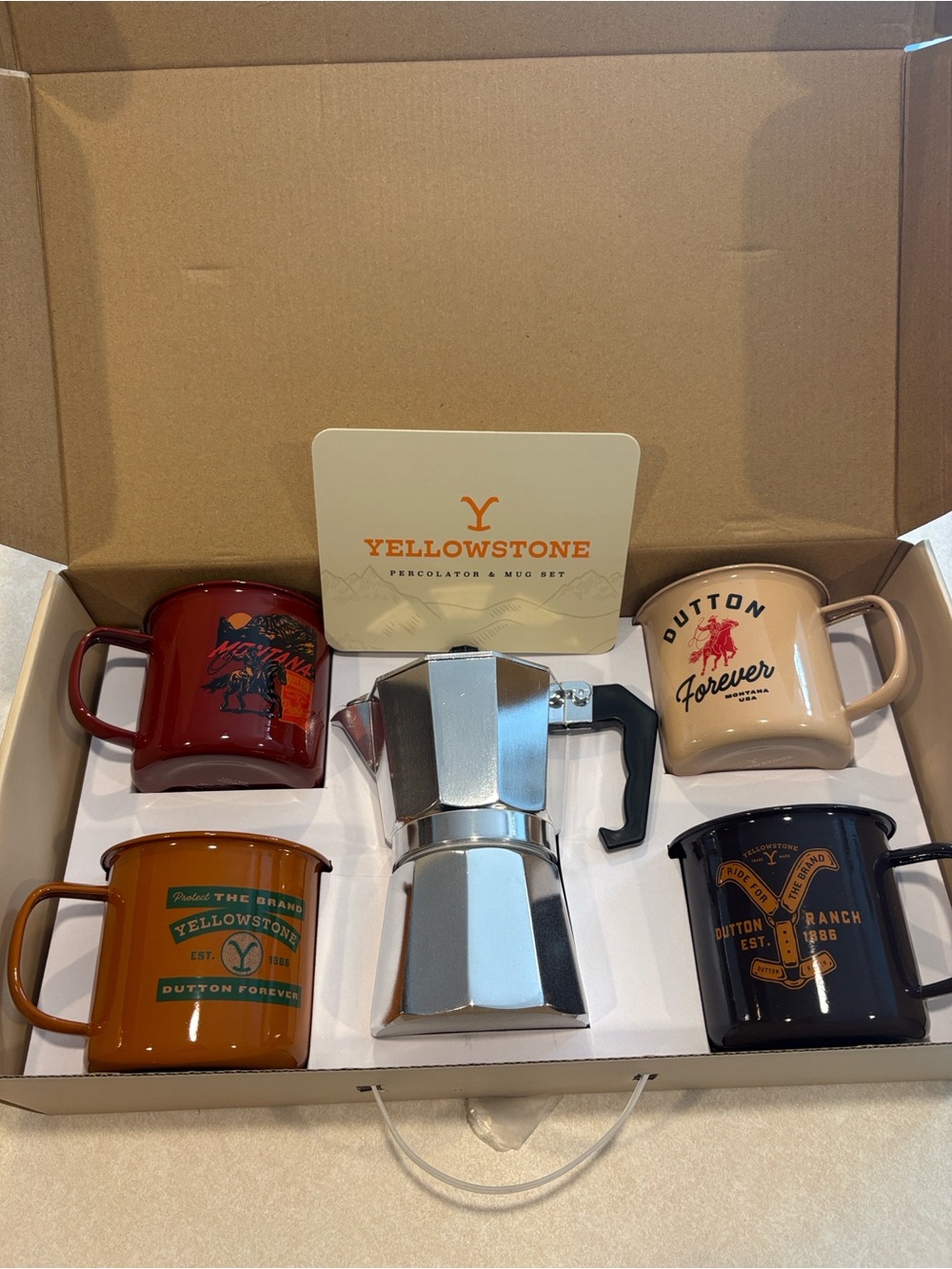 Yellowstone Percolator & Mug Set - Multi Color Camp Mugs with Silver Percolator
